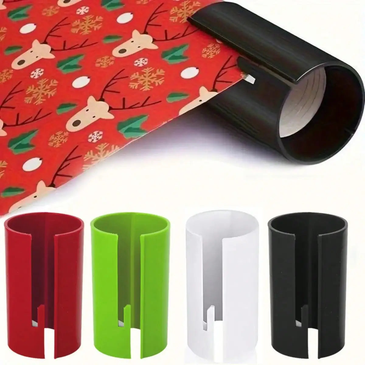 A portable wrapping paper cutter shown in various colors including red, green, white, and black.