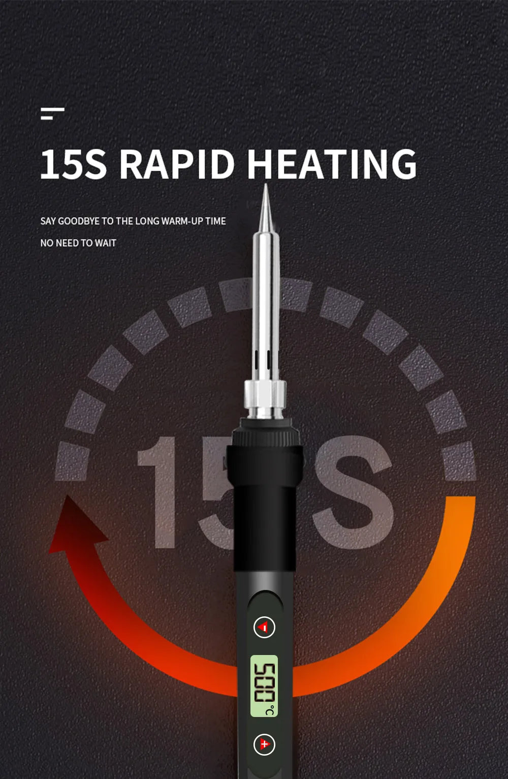 A close-up of a soldering iron tip showing a temperature reading of 500°C on an LCD display, demonstrating 15S rapid heating.