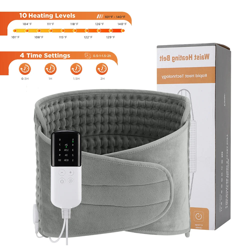 A gray electric heating pad with a control unit and power cord is shown next to its packaging.