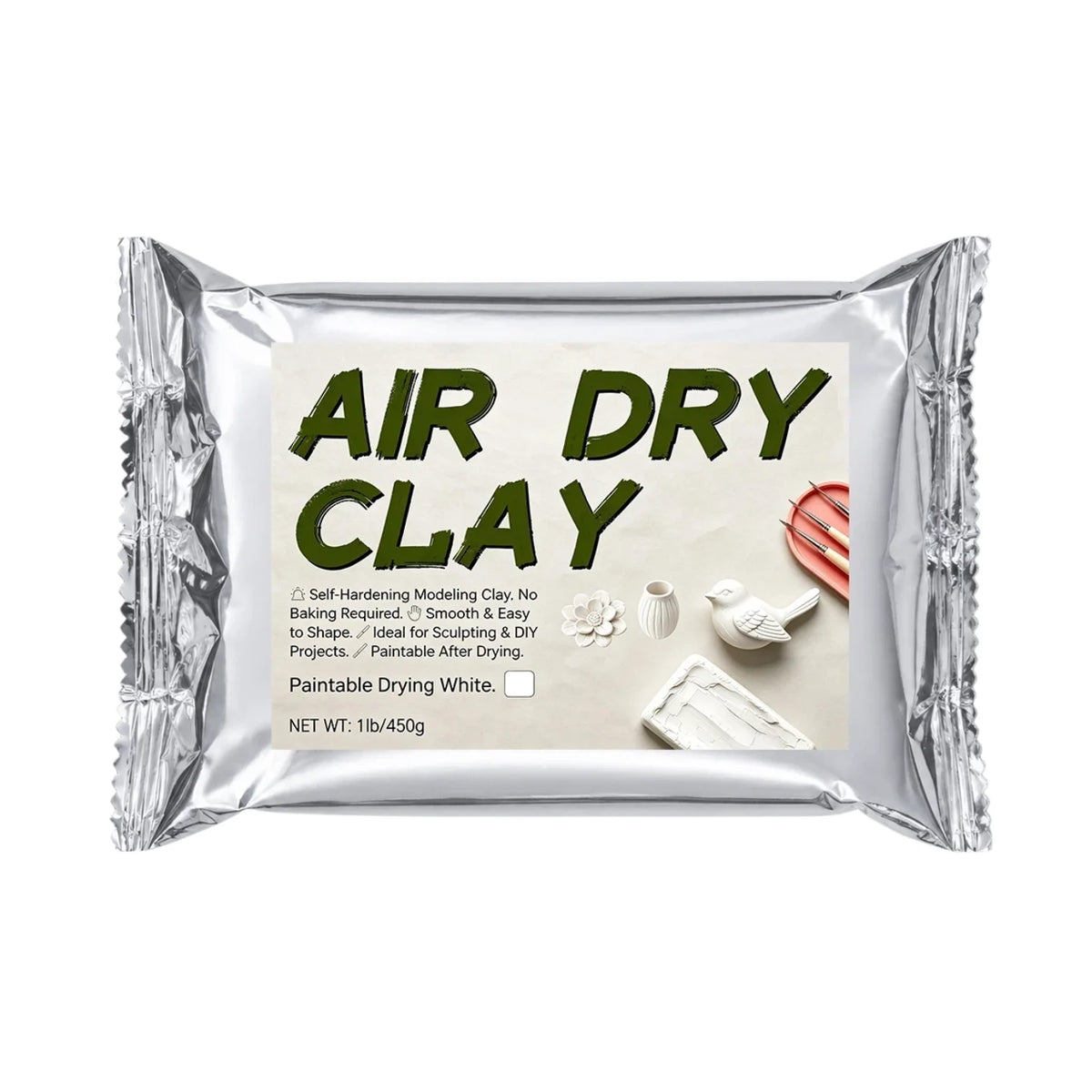 A package of green air dry clay for self-hardening modeling and sculpting projects.
