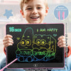 A smiling young boy holds a pink LCD writing tablet showing a happy doodle of two cartoon characters.