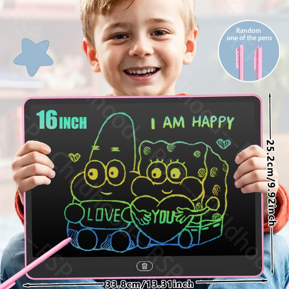 A smiling young boy holds a pink LCD writing tablet showing a happy doodle of two cartoon characters.