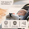 A baby is resting in a stroller with a soft blanket, demonstrating features like durability and insect protection.