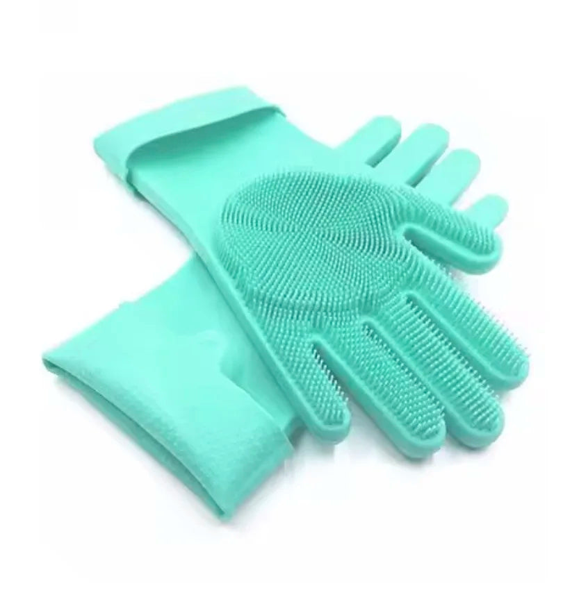 A pair of bright turquoise scrubber-textured dishwashing gloves shown against a white background.