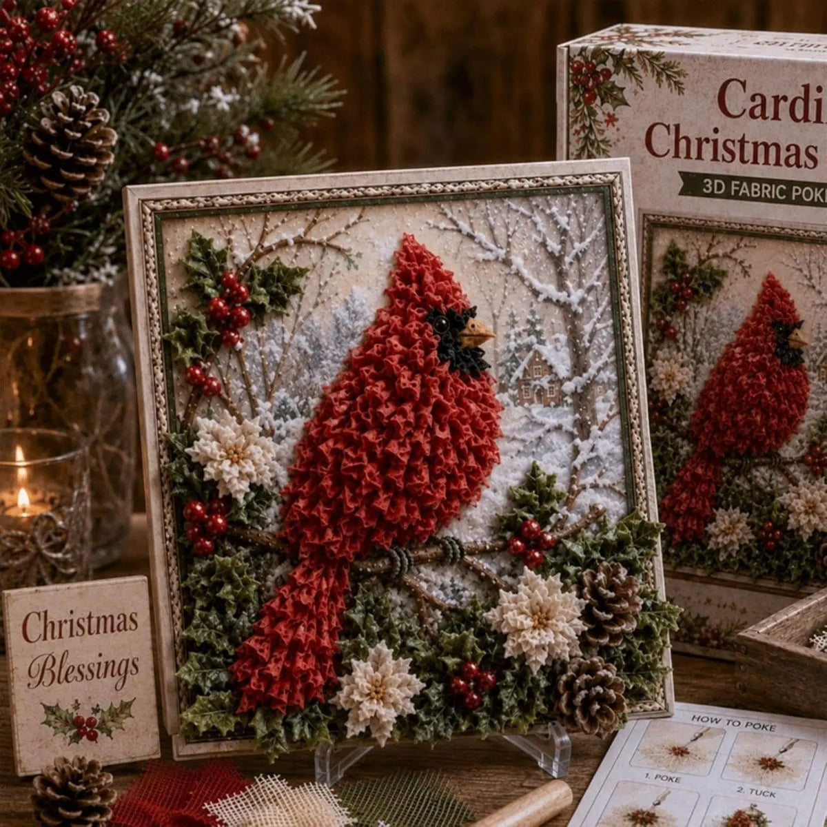 A framed piece of Christmas craft art featuring a red bird made from fabric and greenery on a snowy background.