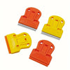 Three plastic scrapers in orange and yellow colors for removing stickers, glue, and paint.