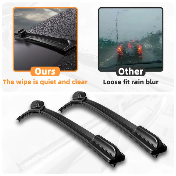 A pair of black universal beam-style windshield wiper blades shown alongside a blurred rain view.