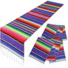 Vibrant Mexican Serape table runner featuring colorful stripes and tassels.