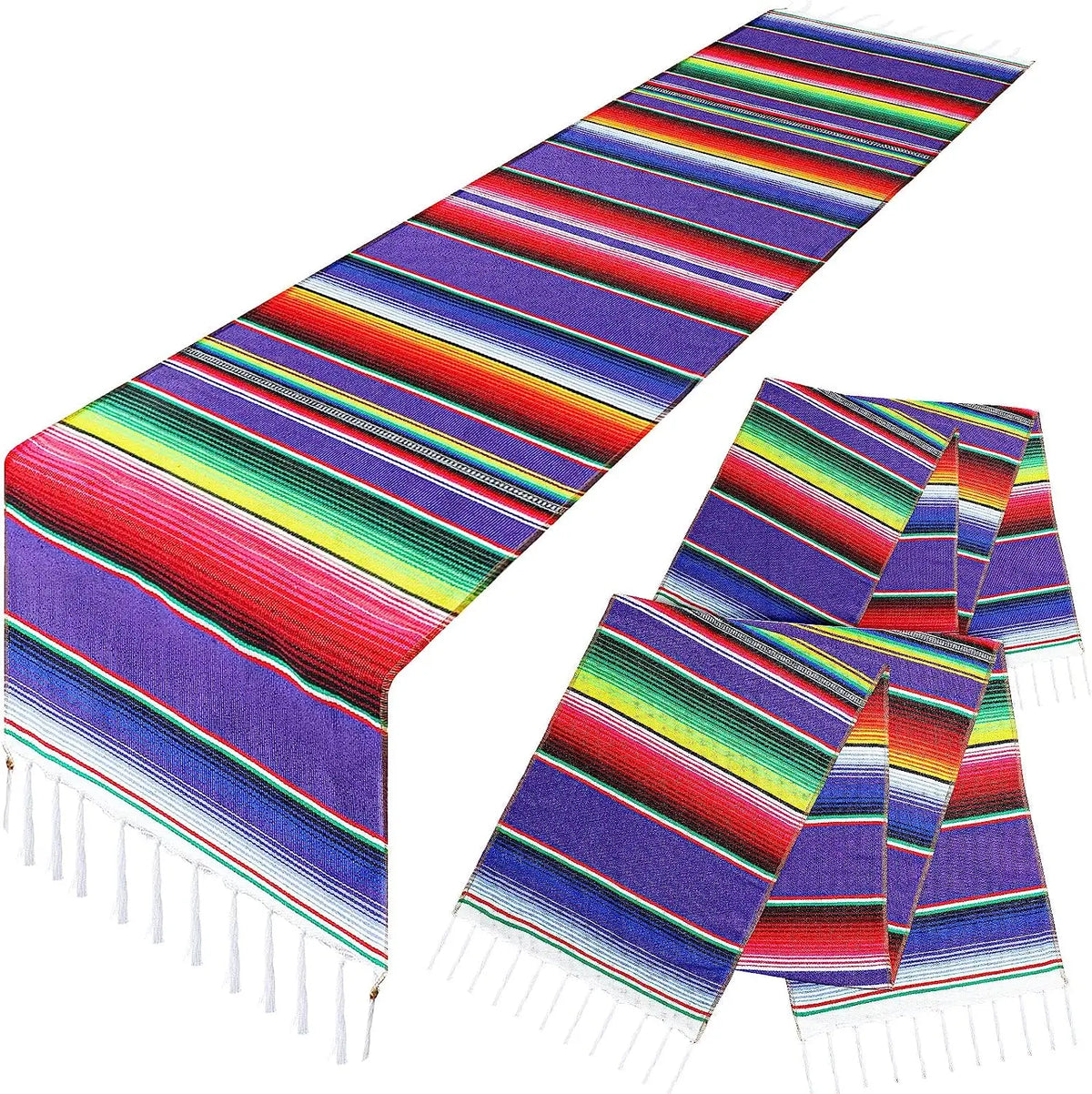 Vibrant Mexican Serape table runner featuring colorful stripes and tassels.