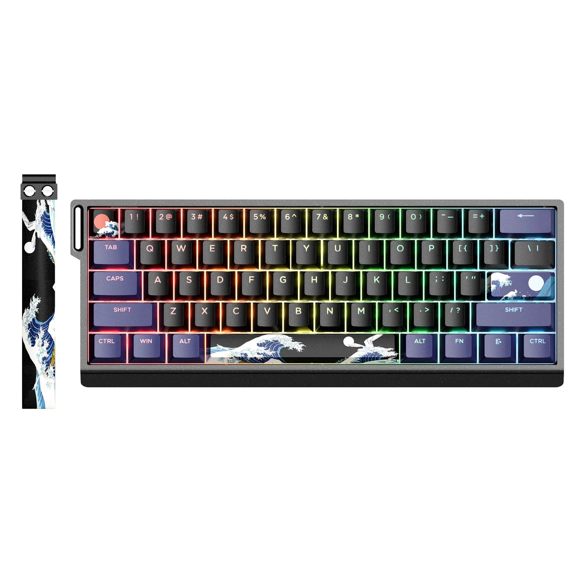 A compact 60% aluminum mechanical keyboard featuring custom art keycaps and a vertical grip.