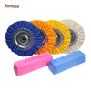 A set of four cotton polishing wheels in blue, orange, yellow, and beige for angle grinders.