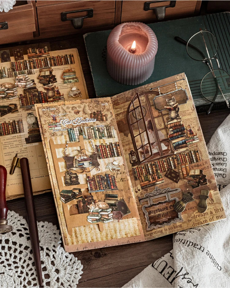 A close-up of a vintage-style journal page featuring detailed illustrations and text, surrounded by antique objects and a lit