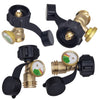 A set of digital propane tank gauges and leak detectors with brass fittings and black hoses.