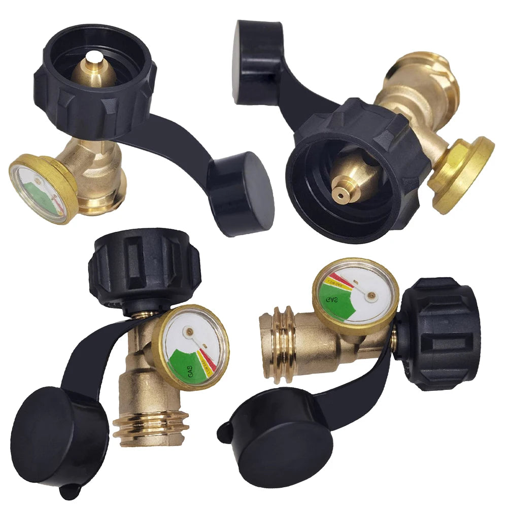 A set of digital propane tank gauges and leak detectors with brass fittings and black hoses.