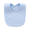 Light blue soft cotton baby bib with a rounded collar and a button closure.