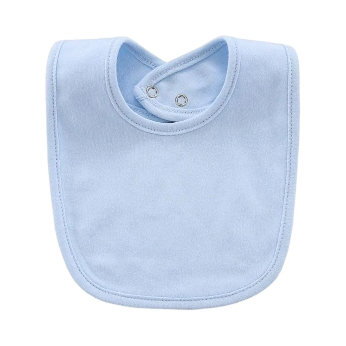 Light blue soft cotton baby bib with a rounded collar and a button closure.