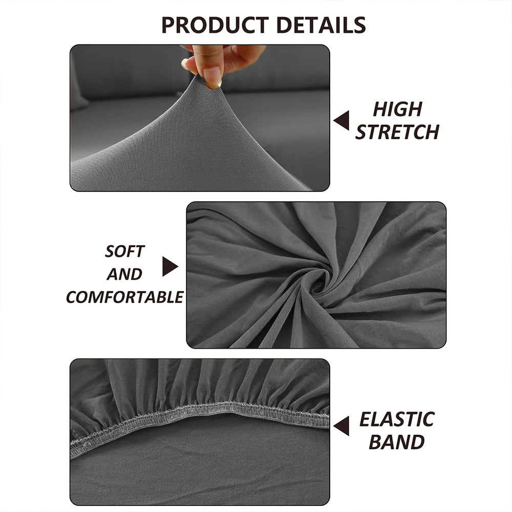 Close-up view of a grey stretch patio sofa cover fabric showing high stretch, soft and comfortable texture, and an elastic ba