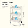 A white 3-tier metal utility rolling cart with three shelves, each supporting 55 lbs per shelf.