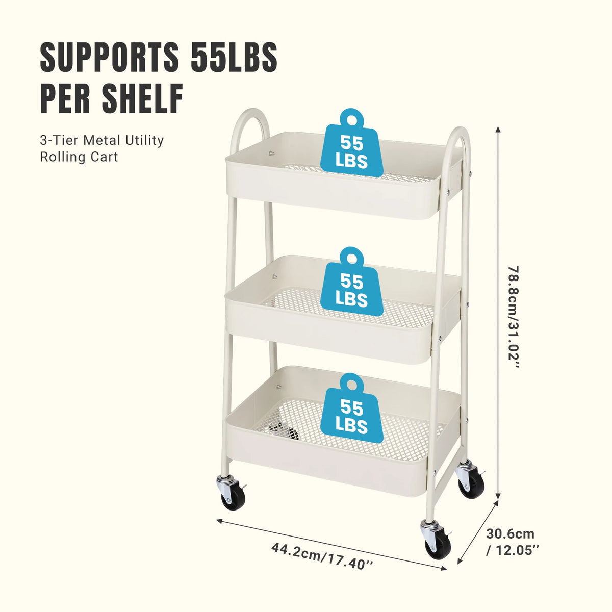 A white 3-tier metal utility rolling cart with three shelves, each supporting 55 lbs per shelf.