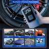 A hand holds a portable wireless tire inflator with a digital display, demonstrating multiple inflation functions.