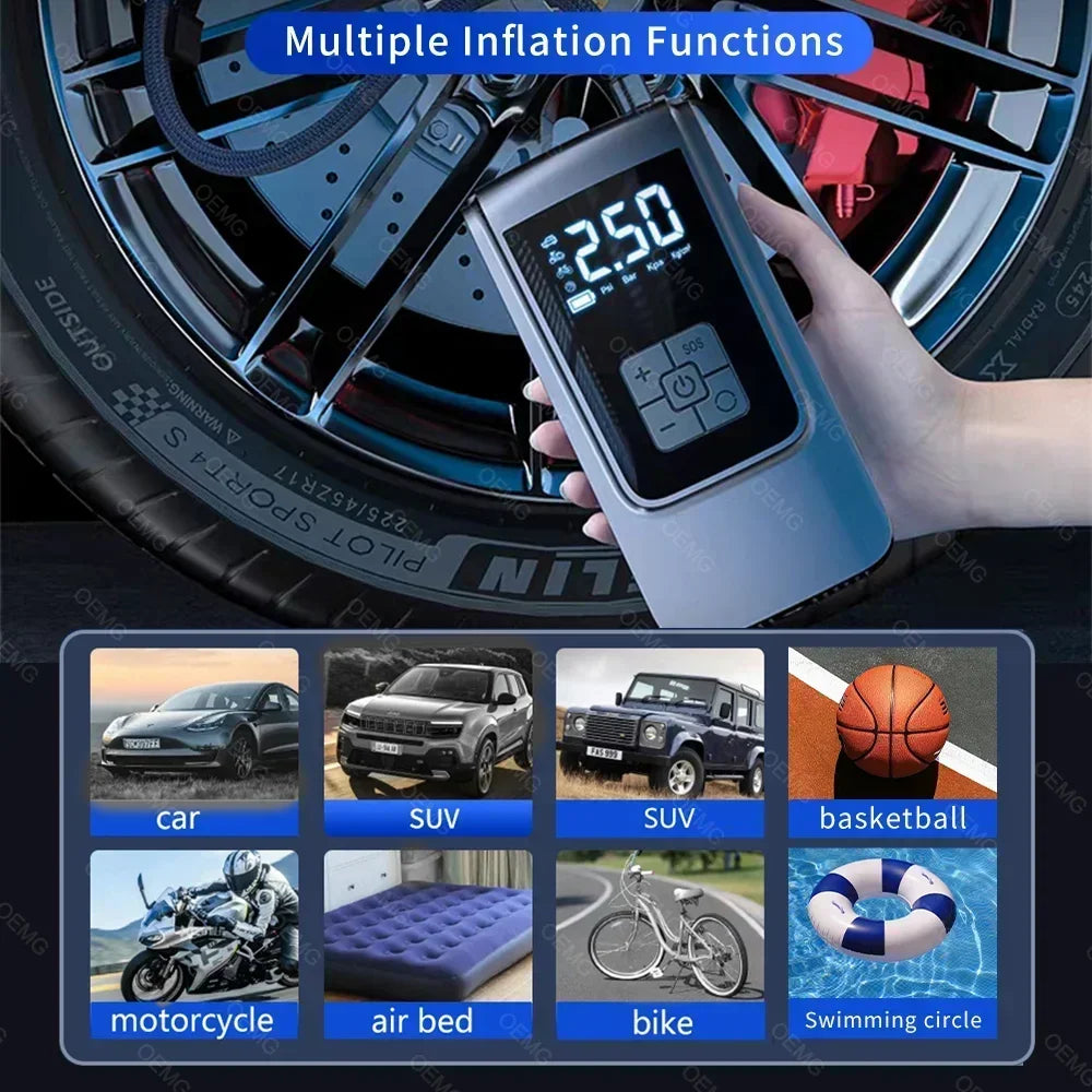 A hand holds a portable wireless tire inflator with a digital display, demonstrating multiple inflation functions.