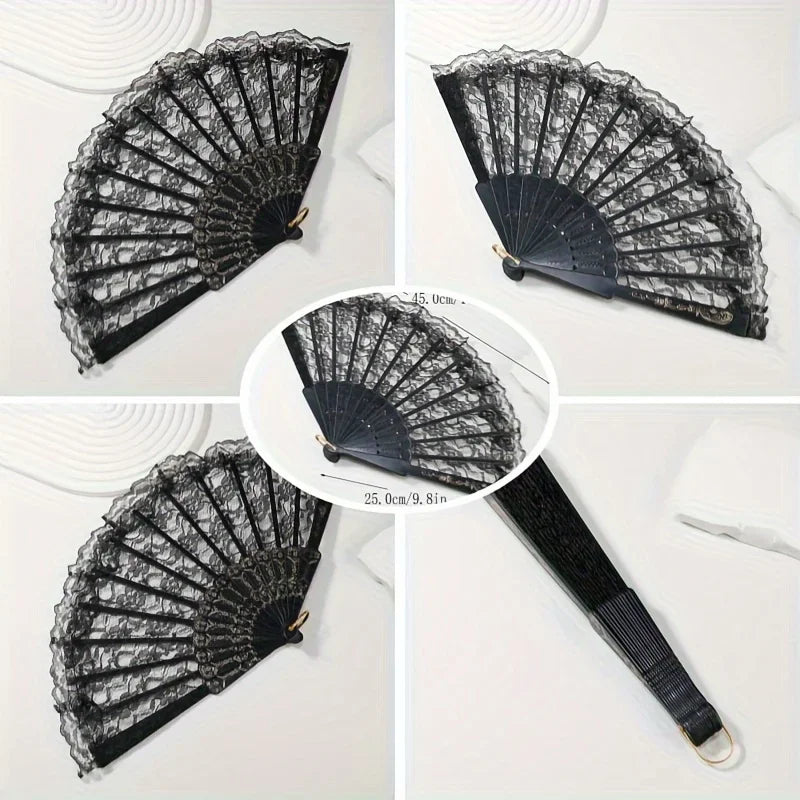 Elegant Lace Fabric Hand Fan with Floral Design