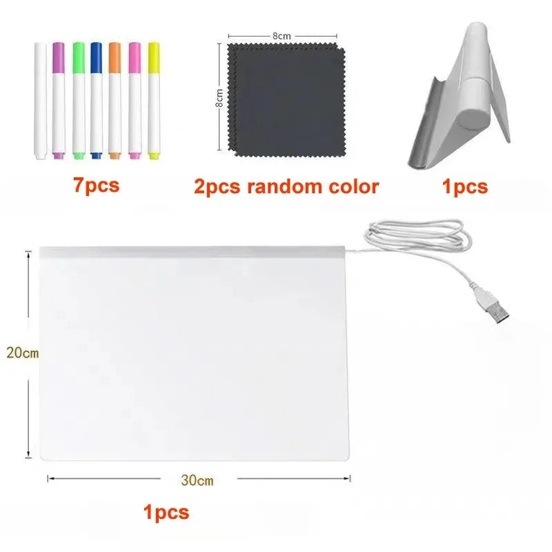 A set of glowing LED drawing board components including colored pens, a dark grid, and a light gray pen holder.