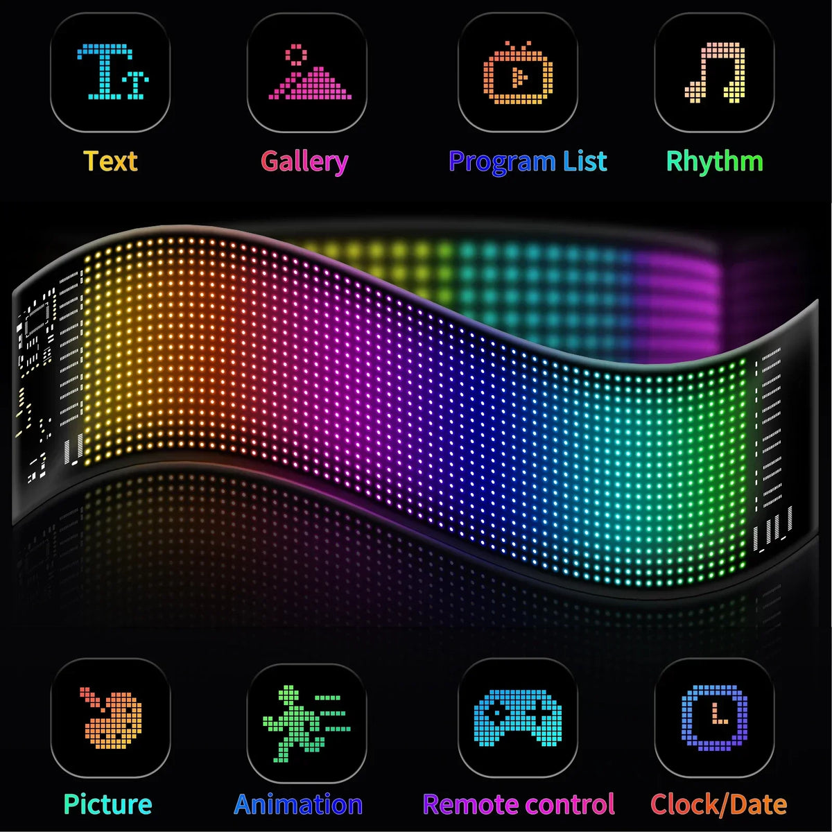 A mobile app interface showing options for Text, Gallery, Program List, Rhythm, Picture, Animation, Remote control, and Clock