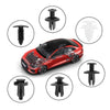 A set of automotive trim removal tools including various clips and pullers shown around a red car.