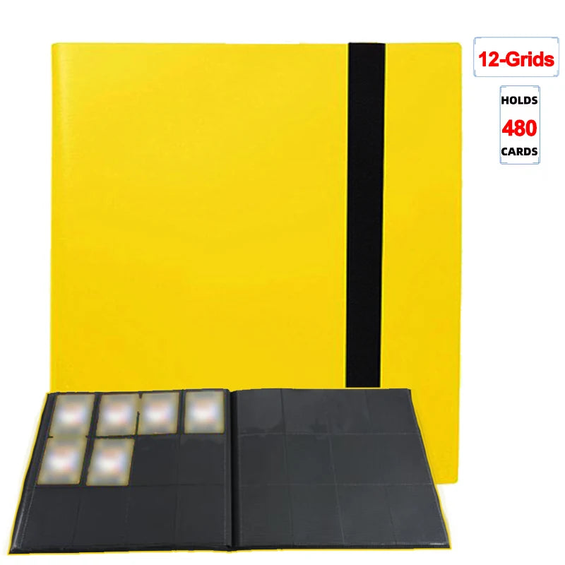 A yellow card binder album with a black spine, designed to hold 480 cards in 12 grids.