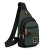 A dark green water-resistant crossbody bag with black strap and orange accents.