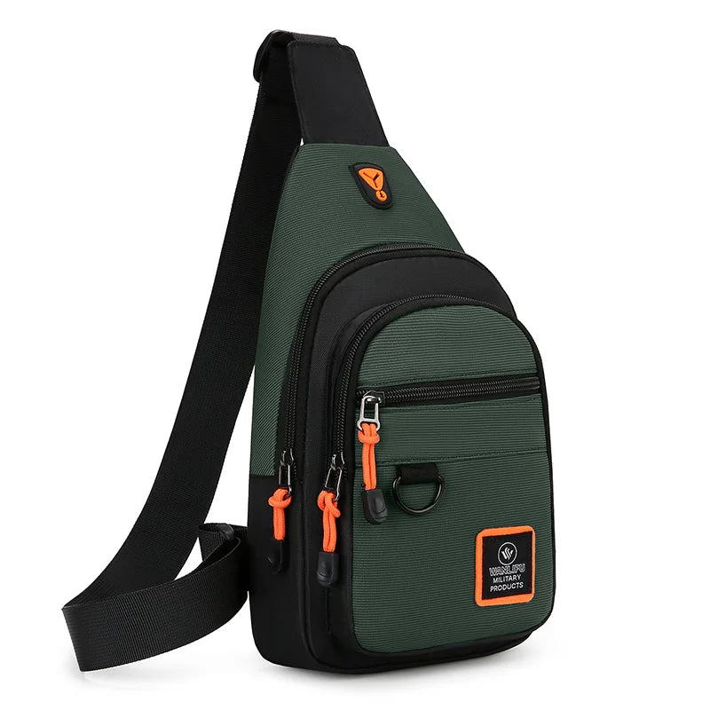 A dark green water-resistant crossbody bag with black strap and orange accents.