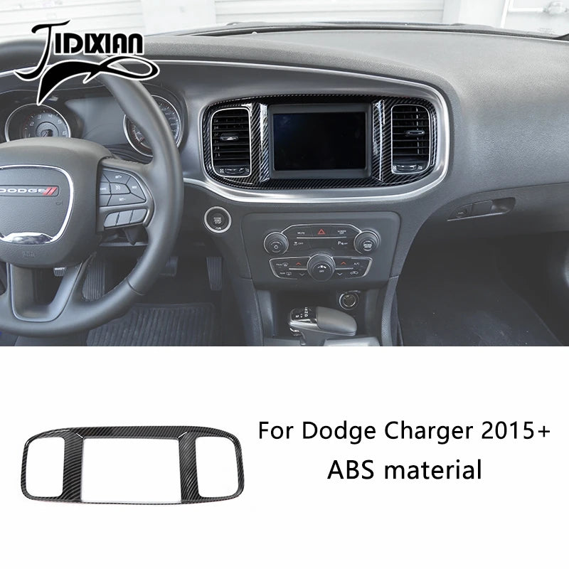 Carbon fiber interior trim kit for Dodge Charger featuring a steering wheel and dashboard controls