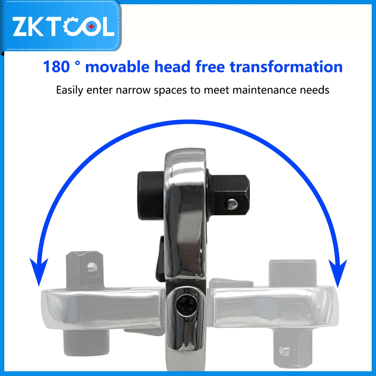 Silver 1/4-inch drive ratchet wrench with a movable head transformation feature