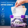 A hand is holding a box of purple and white fabric softener dryer sheets for reducing static cling and smoothing clothes.