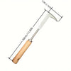 L-shaped stainless steel weeding tool with a wooden handle and measurements shown.