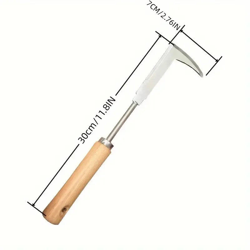 L-shaped stainless steel weeding tool with a wooden handle and measurements shown.