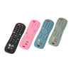 A set of five silicone baby teether toys shaped like TV remotes in black, pink, blue, and green.