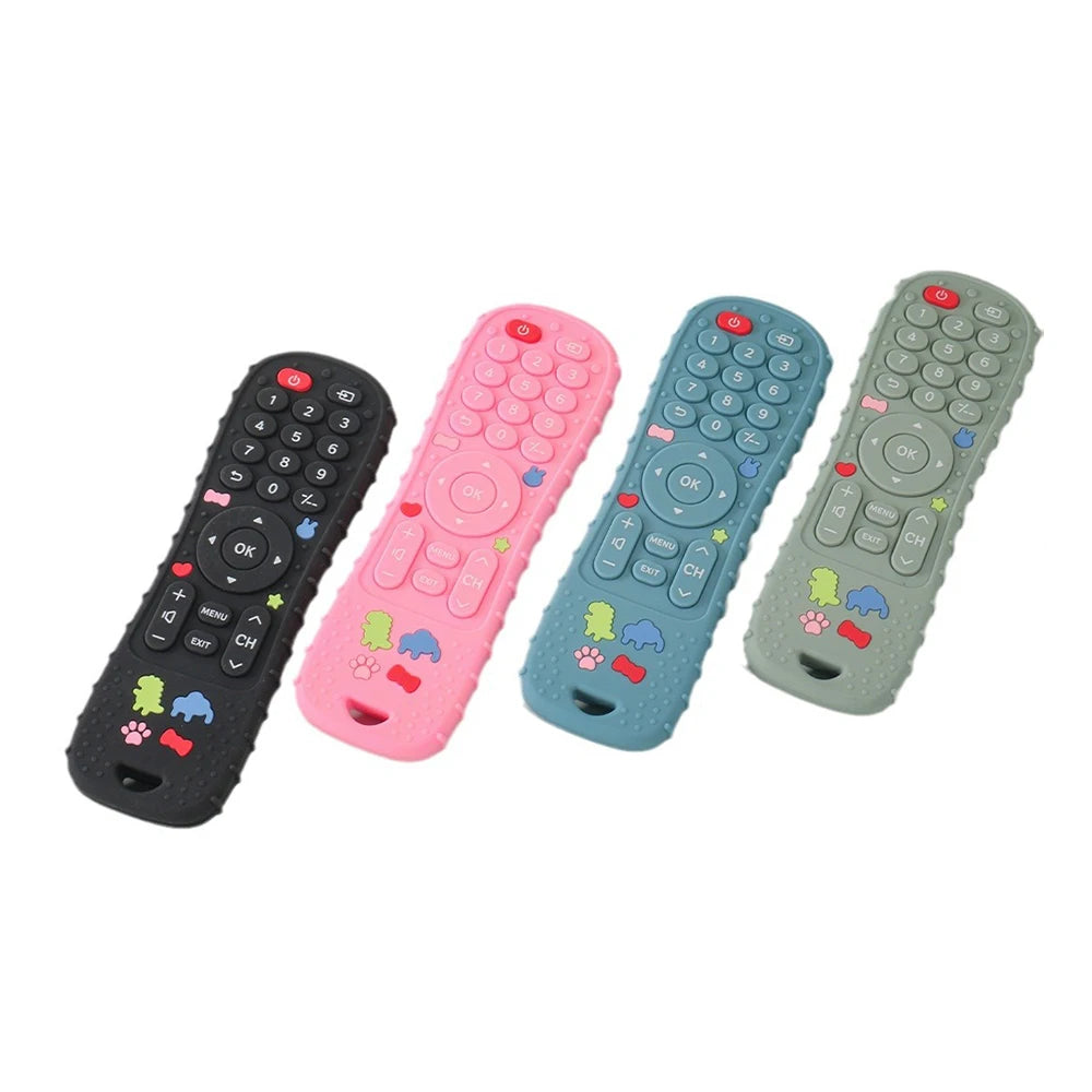 A set of five silicone baby teether toys shaped like TV remotes in black, pink, blue, and green.