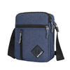 A navy blue lightweight crossbody sling bag with multiple zippered pockets and a black strap.