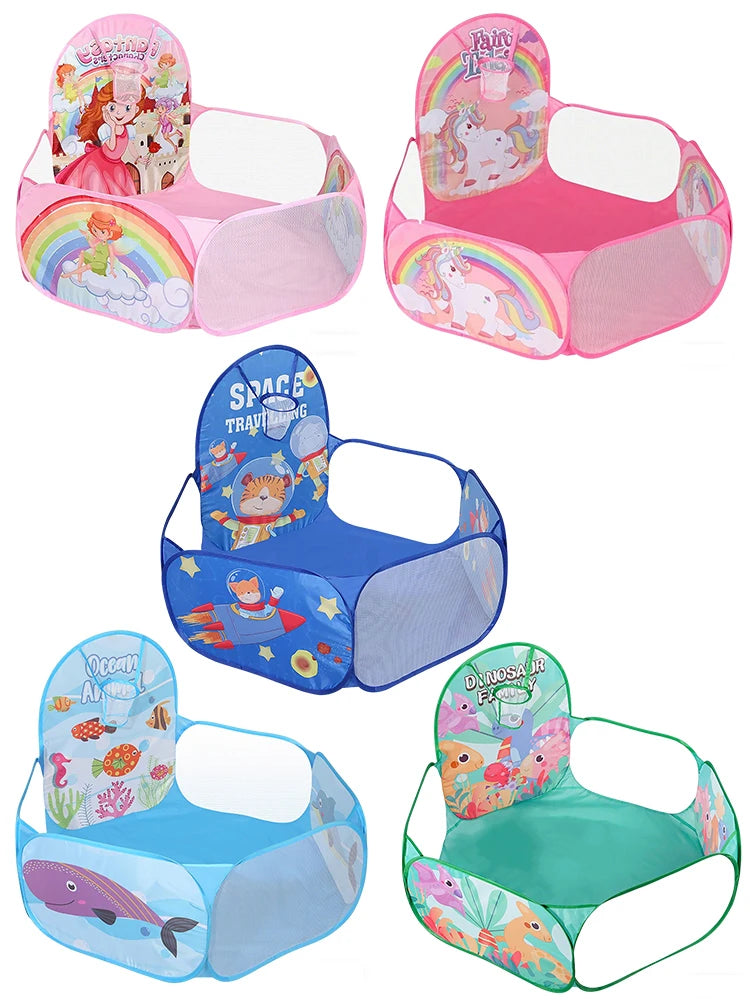 A set of colorful, foldable ball pits and playpens for children, including a basketball hoop.