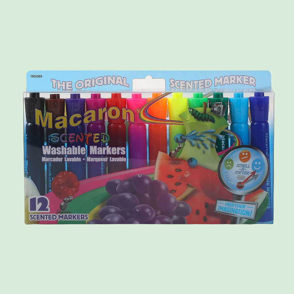 A box of 12 original scented washable markers in assorted fruit colors, including red, purple, and green.