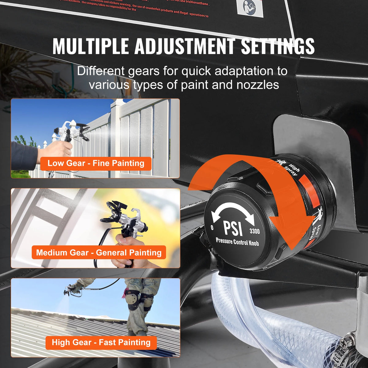 Airless paint sprayer demonstrating multiple adjustment settings for different types of paint and nozzles.