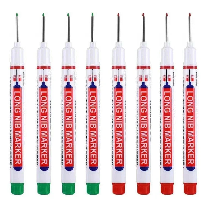 Eight long nib markers in various colors for deep hole marking on metal and wood.