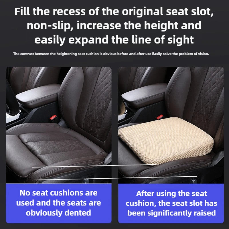 A car seat cushion is shown being inserted into a seat slot, demonstrating how it increases the height and expands the line o