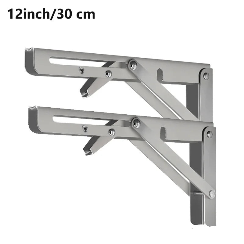 Stainless steel folding shelf brackets designed for sturdy support.