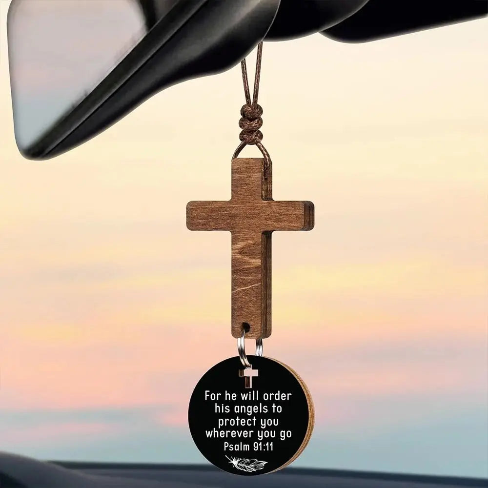 Wood Cross Car Rearview Mirror Pendant with Bible Verse