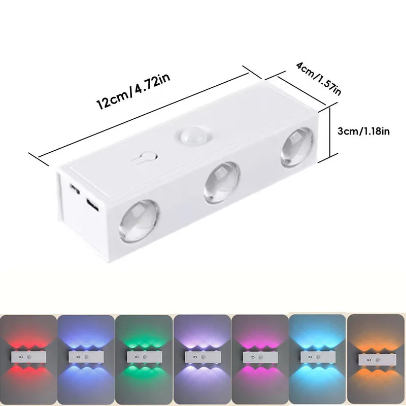 A white smart motion-sensor LED wall light with multiple light sources shown in various color options.