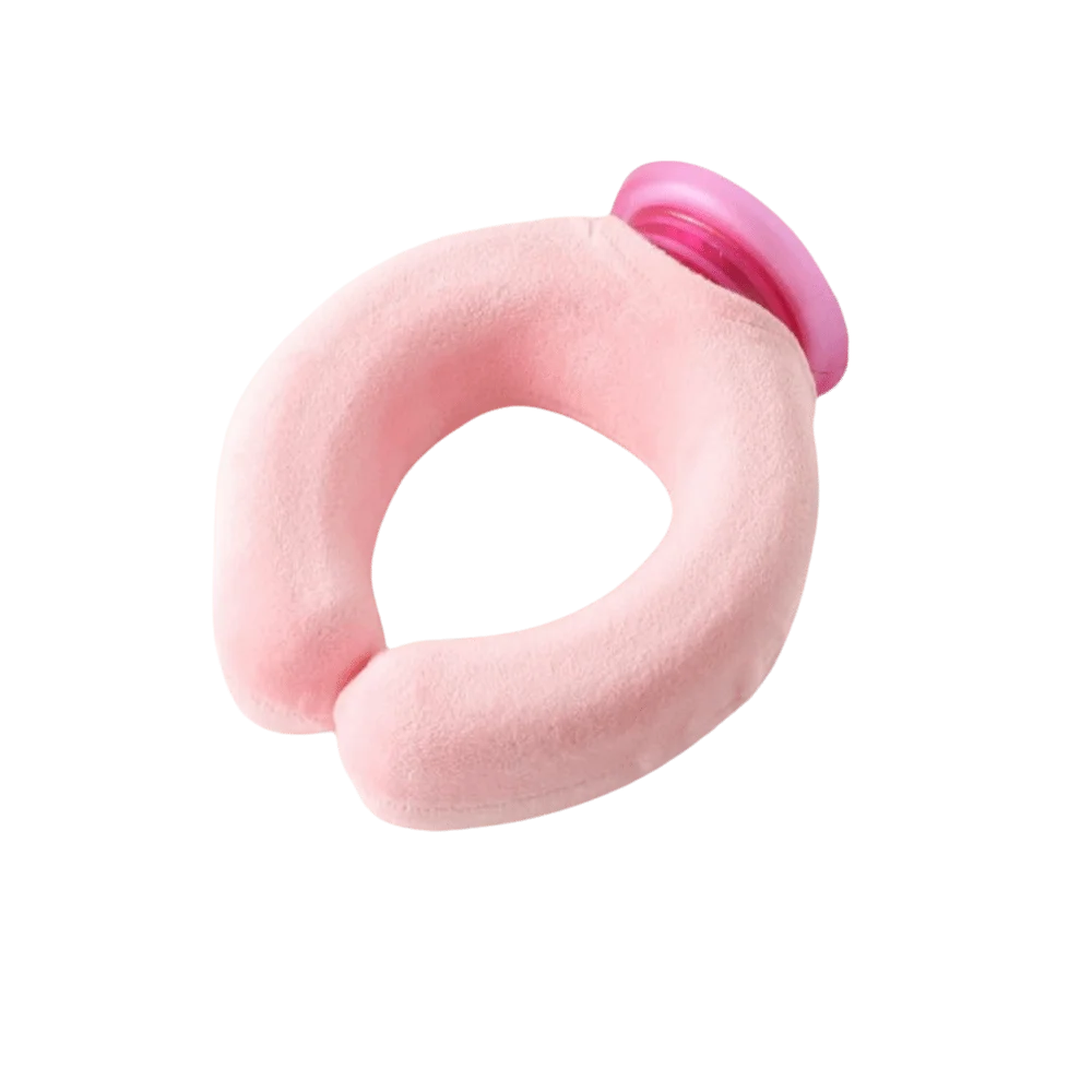 A pink U-shaped reusable neck wrap with a pink strap, shown against a black background.