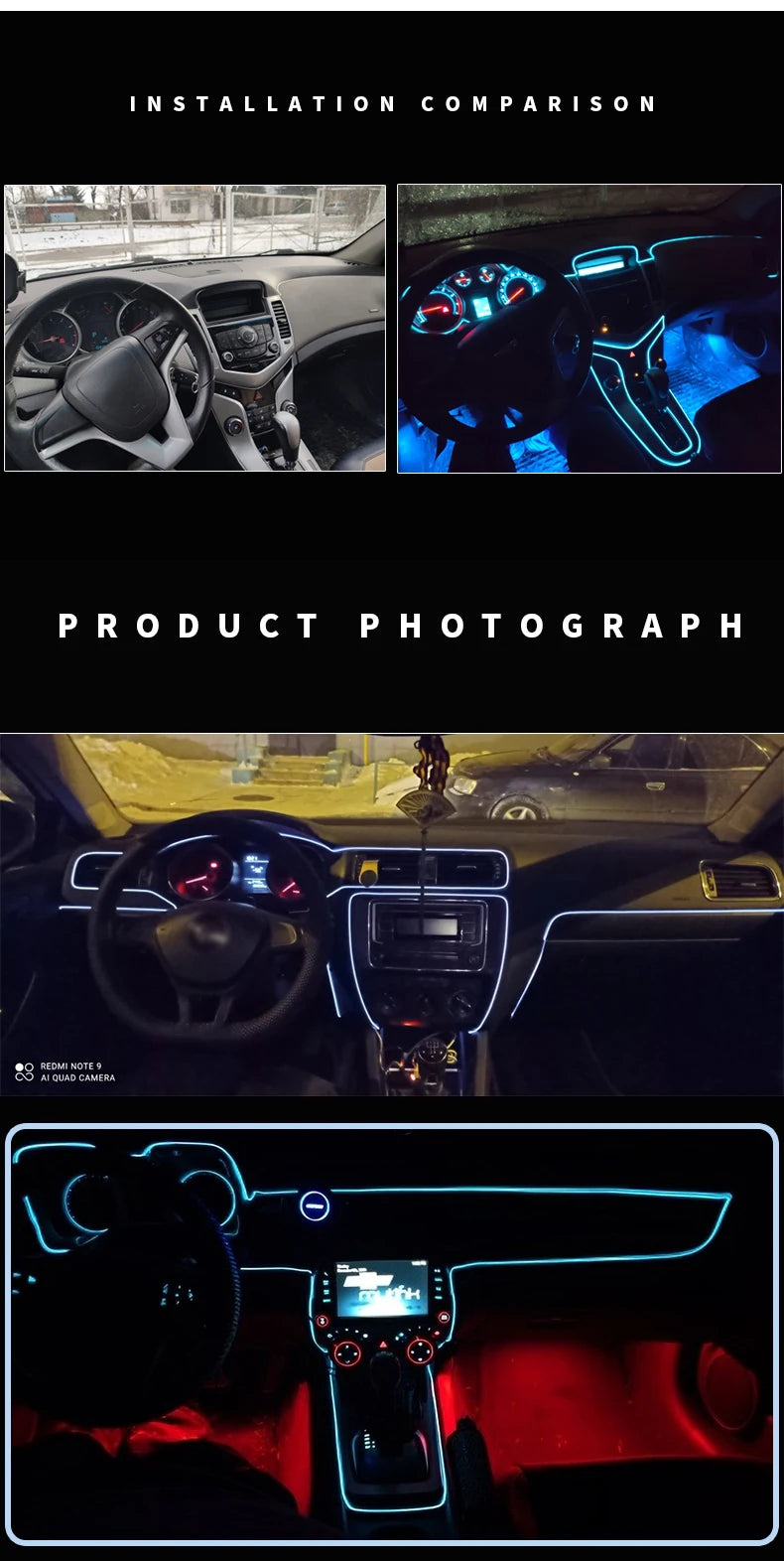 Installation comparison showing a car interior with an LED light strip and a product photograph of the same lighting setup.